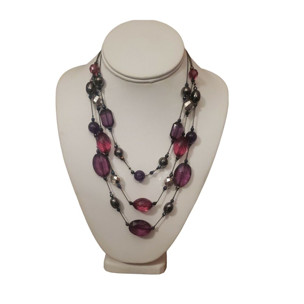 NY & Co. Fashion Necklace Triple Strand Purple Grey Silver Beads 20" w 3" Ext.